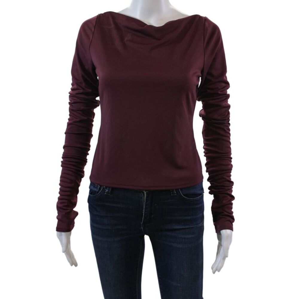 Elsa Womens Long Sleeve Draped Back Scoop Neck Crop Top Red Size Medium